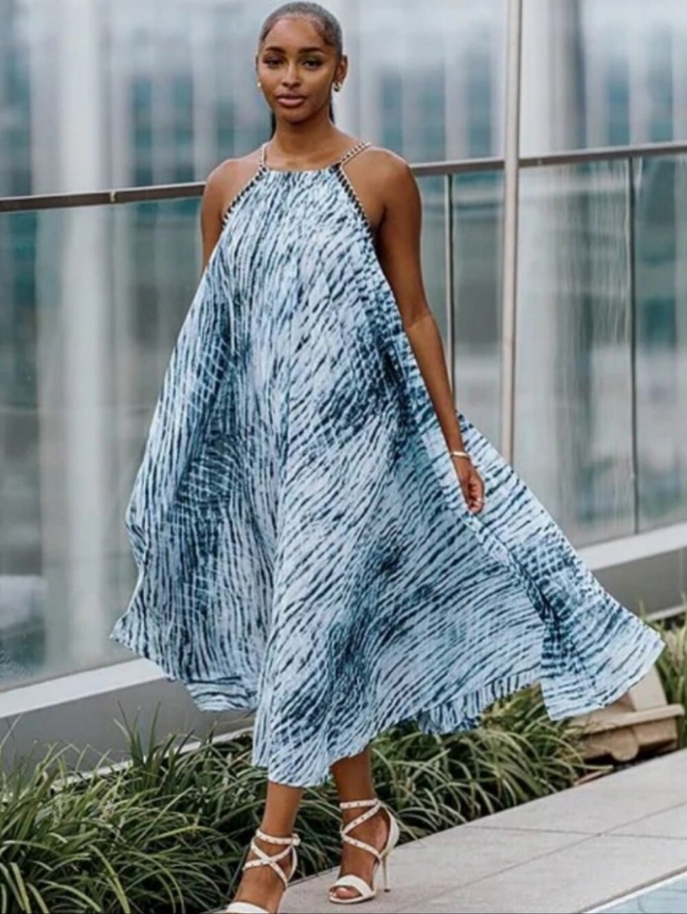 MICHAEL KORS Tie-Dye Maxi Halter Dress Featuring Silver Chain Straps